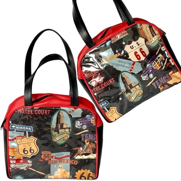 Atenti Handbags - 90s Retro Atenti red and black Route 66 vinyl top handle satchel handbag.